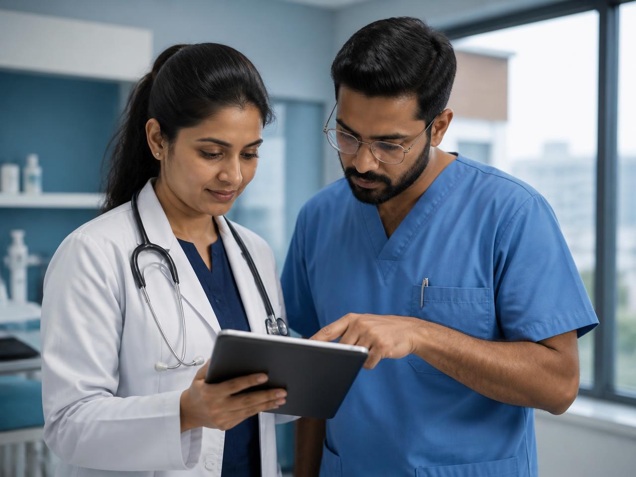 Indian healthcare professionals reviewing a patient's information on a tablet