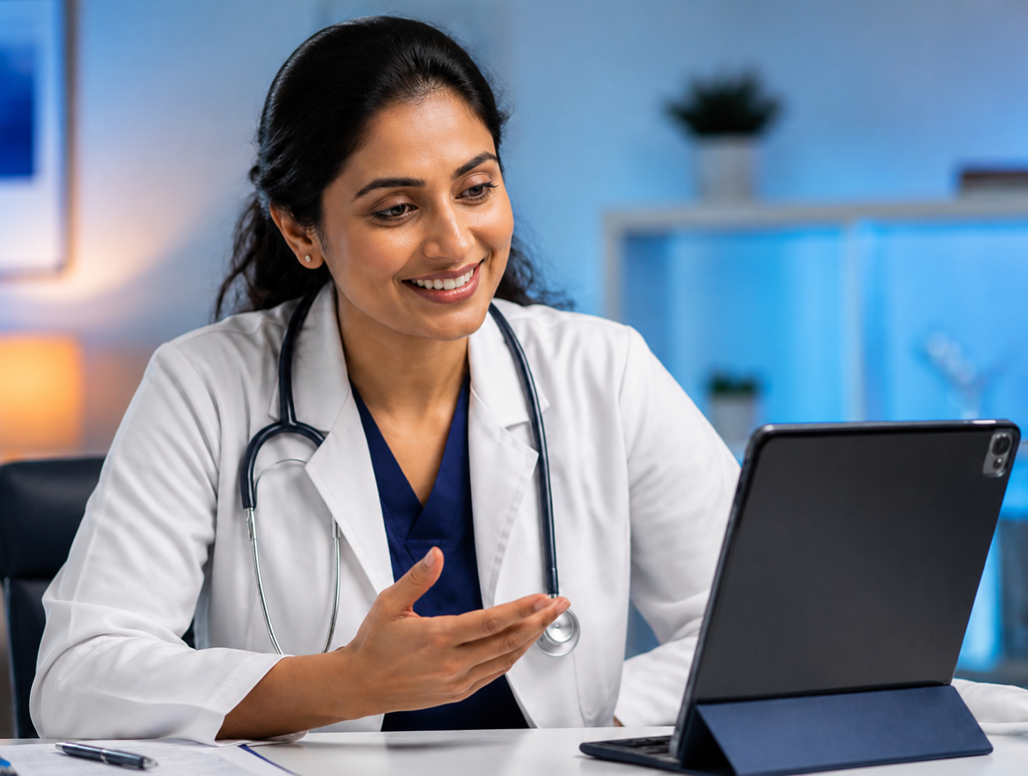 An Indian doctor speaking with a patient during a remote healthcare consultation