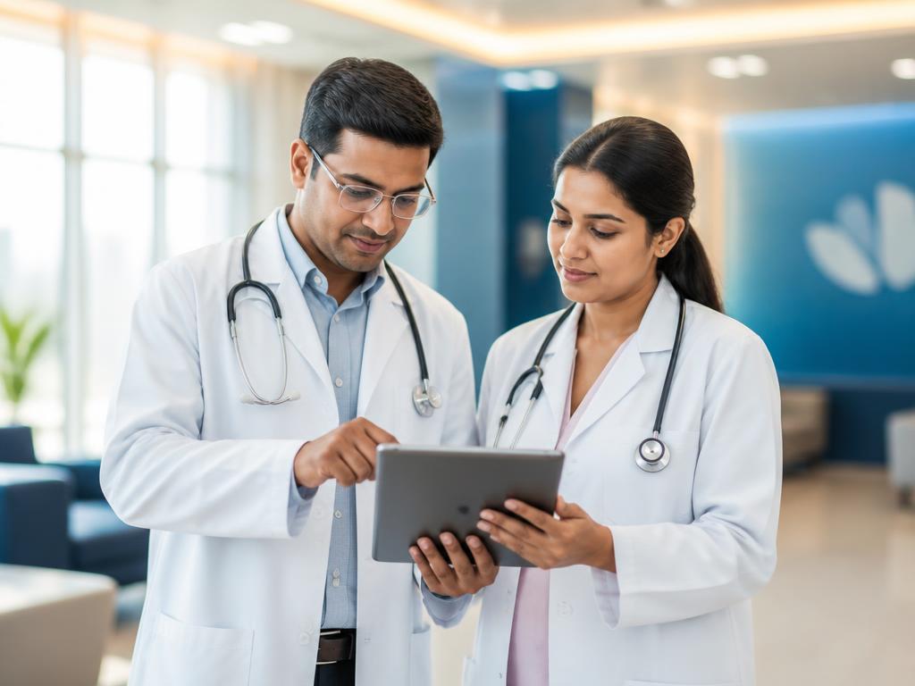 Two Indian doctors reviewing a patient case together on a tablet